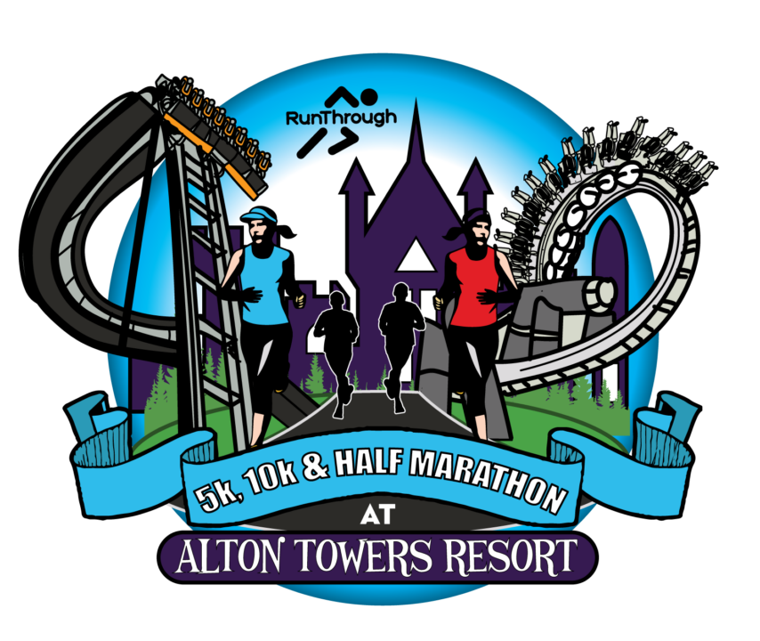 Graphic which shows a theme park ride and reads 5k, 10k and half marathon and underneath at Alton Towers Resort