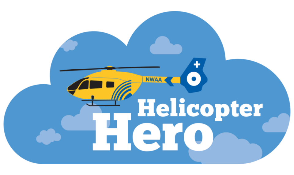 An image of the helicopter hero badge - cloud shaped badge with a blue cloudy background and a yellow helicopter