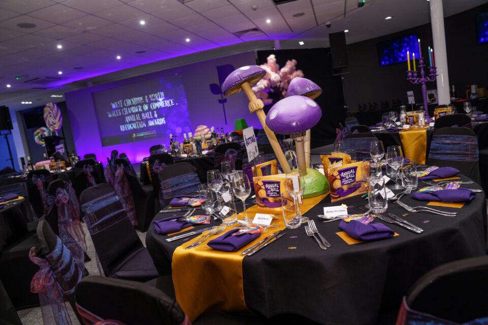 The awards night venue with tables dressed in Charlie and the Chocolate Factory theme